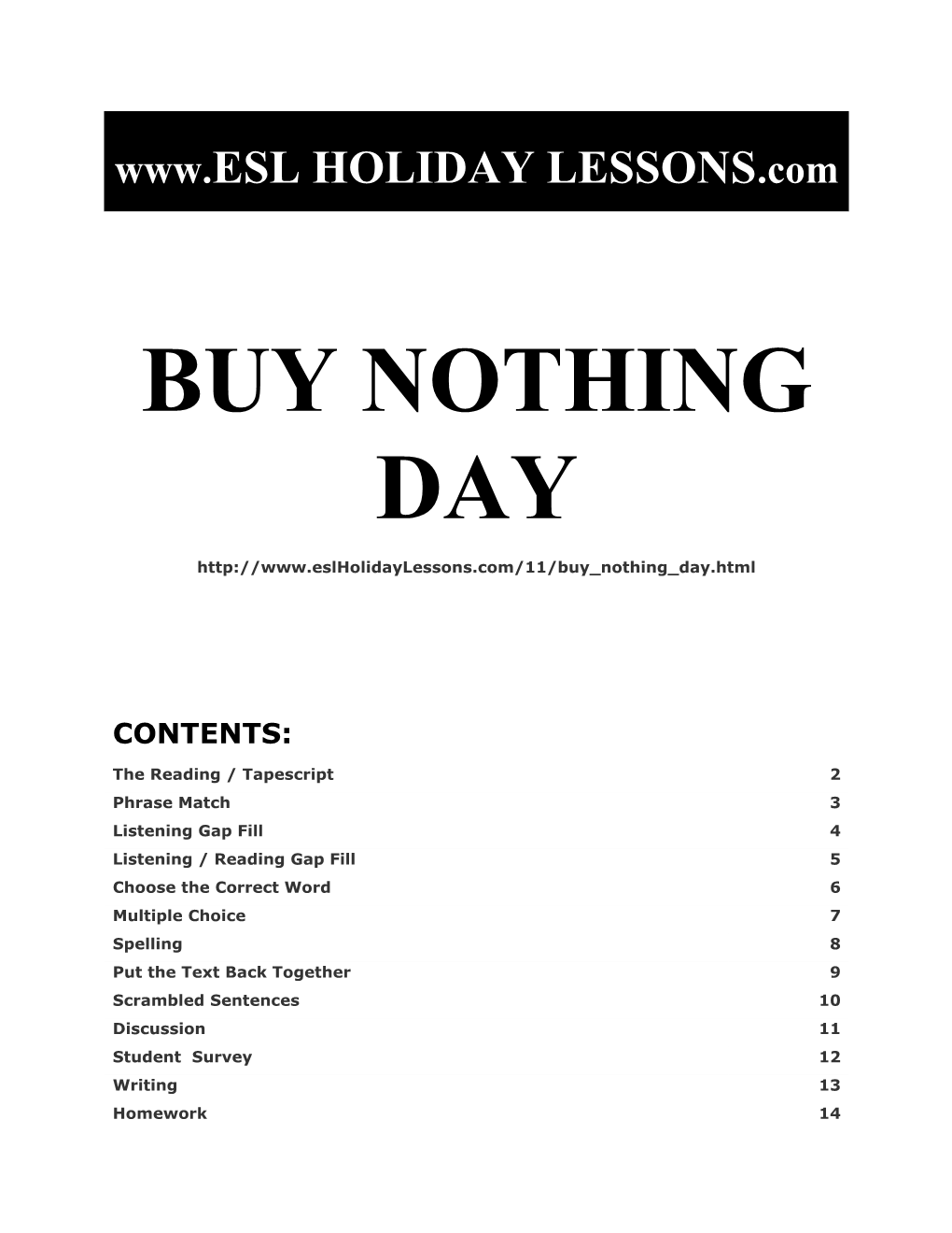 Holiday Lessons - Buy Nothing Day