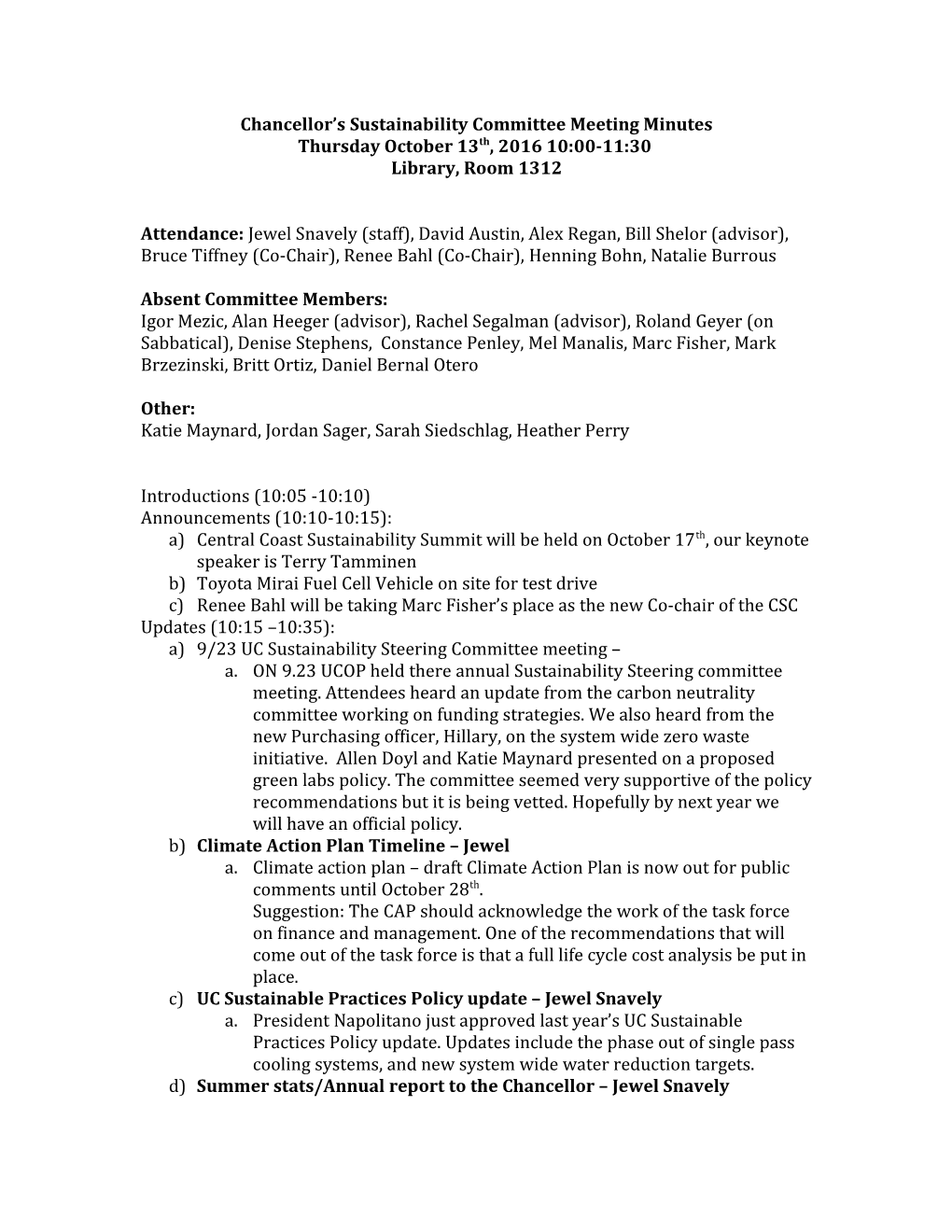 Chancellor S Sustainability Committee Meeting Minutes