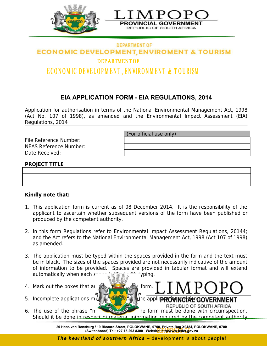 Eia Application Form - Eia Regulations, 2014