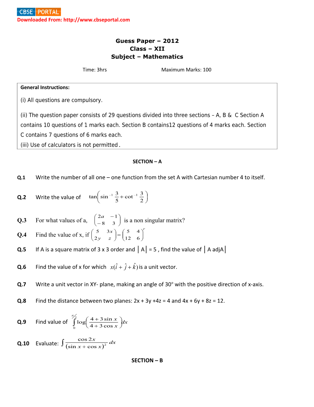 Guess Paper 2012 Class XII Subject Mathematics
