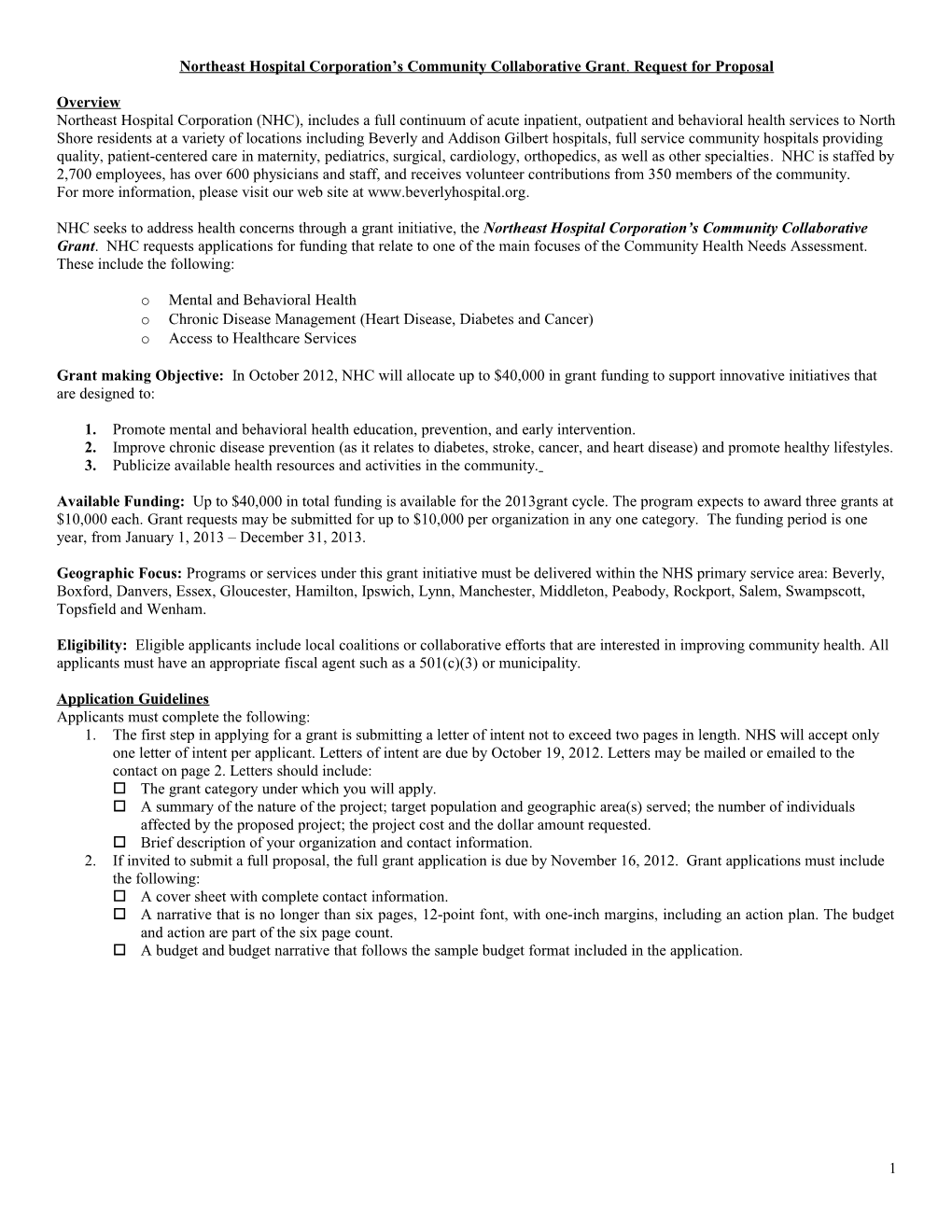 2010 Northeast Health System S Community Health Grant - Request for Proposal