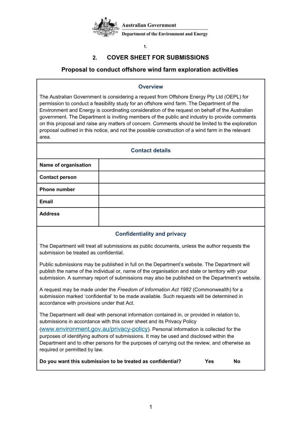 Submission Cover Sheet - Proposal to Conduct Offshore Wind Farm Exploration Activities