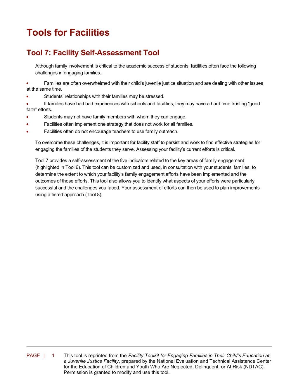 Tool 7: Facility Self-Assessment Tool