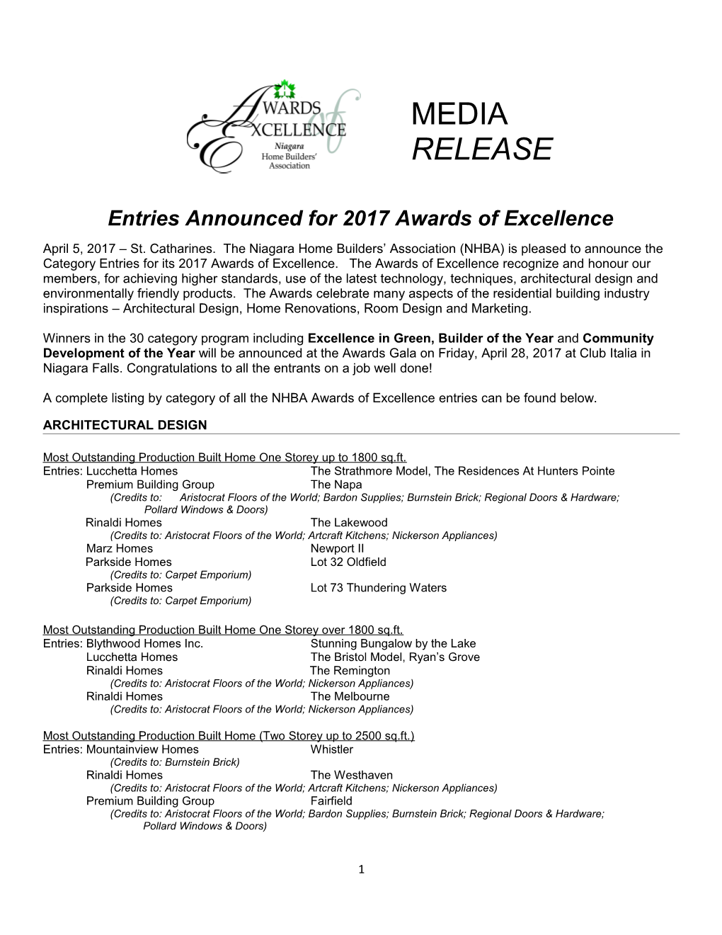 Entries Announced for 2017 Awards of Excellence