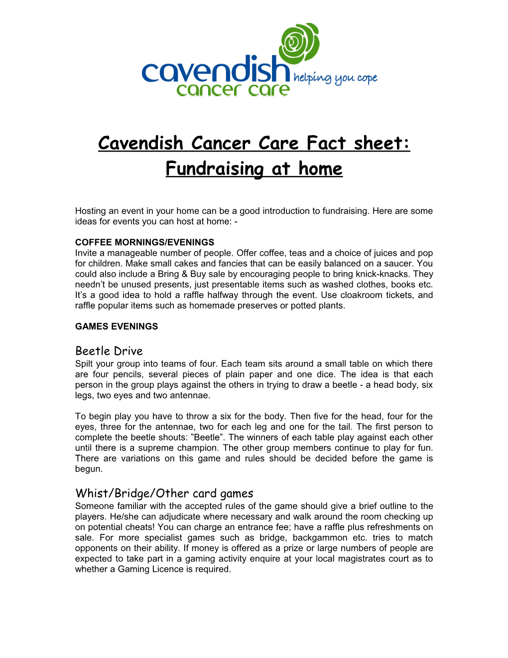 Cavendish Cancer Care Fact Sheet Fundraising at Home