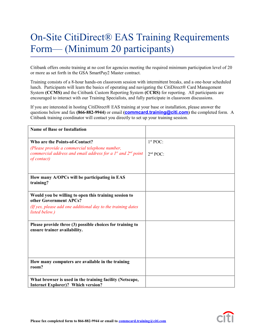 On-Site Citidirect EAS Training Requirements Form (Minimum 20 Participants)