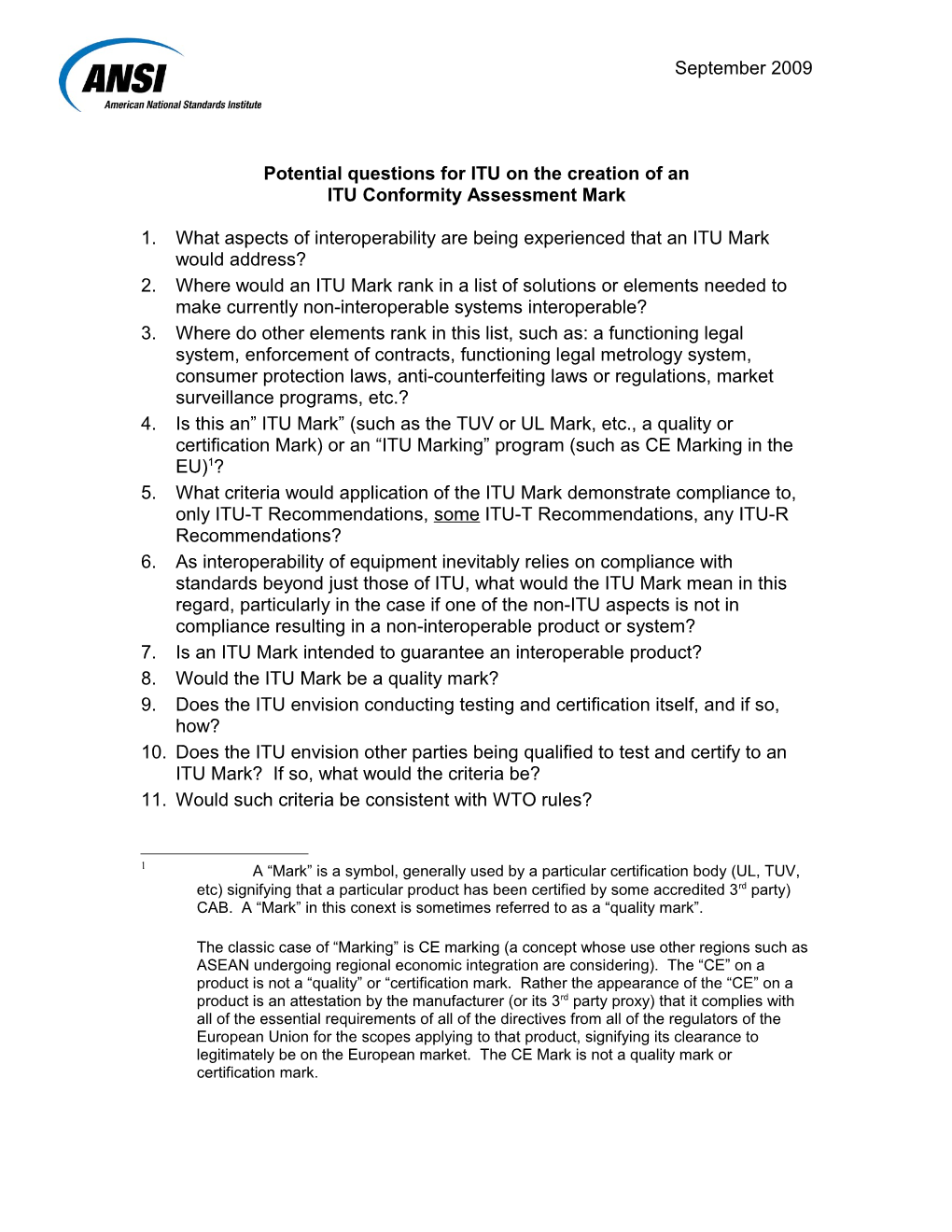 Potential Questions for ITU on the Creation of a New Conformity Assessment Mark