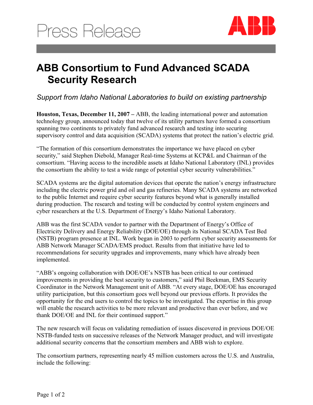 ABB Consortium to Fund Advanced SCADA Security Research