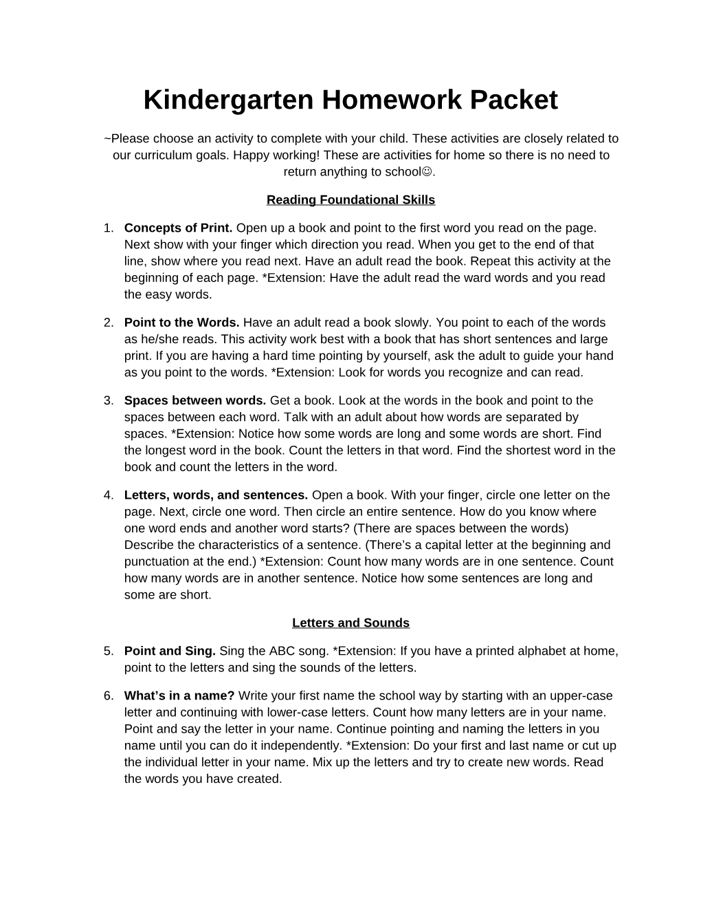 Kindergarten Homework Packet