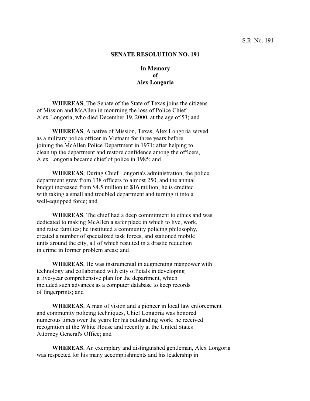 Senate Resolution No. 191