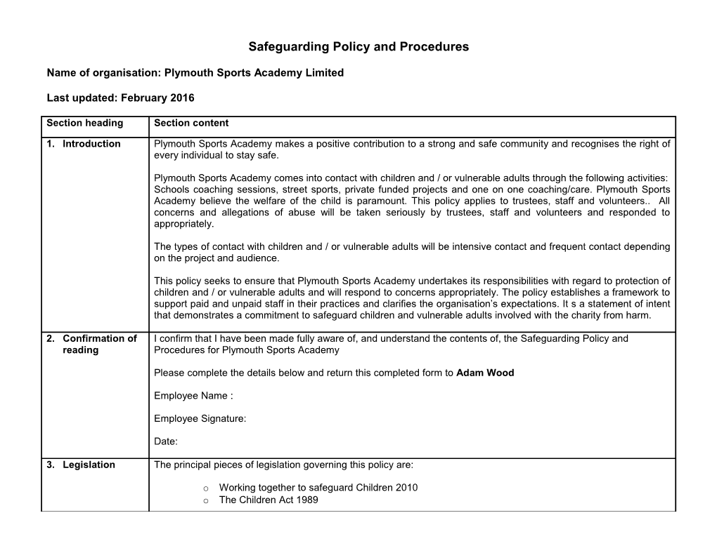 Template Safeguarding Policy and Code of Conduct
