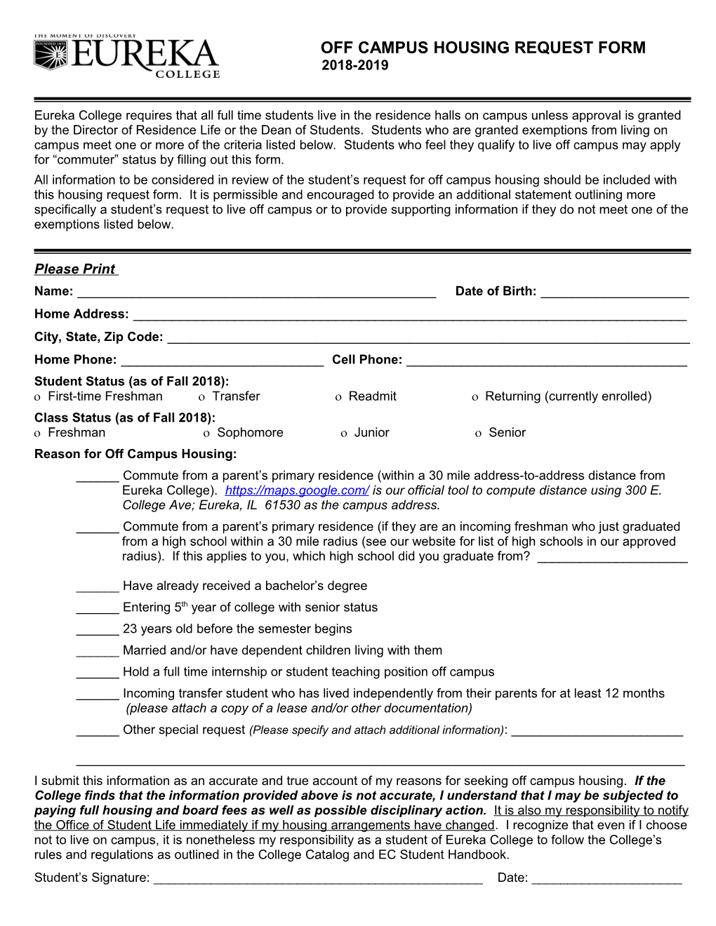 Off Campus Housing Request Form 2018-2019