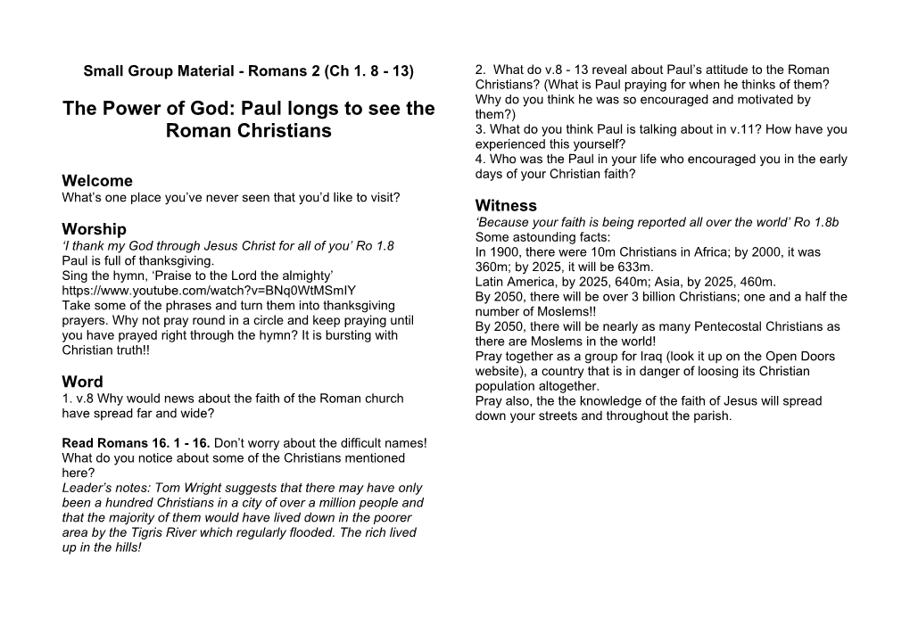 Small Group Material - Romans 2 (Ch 1. 8 - 13)