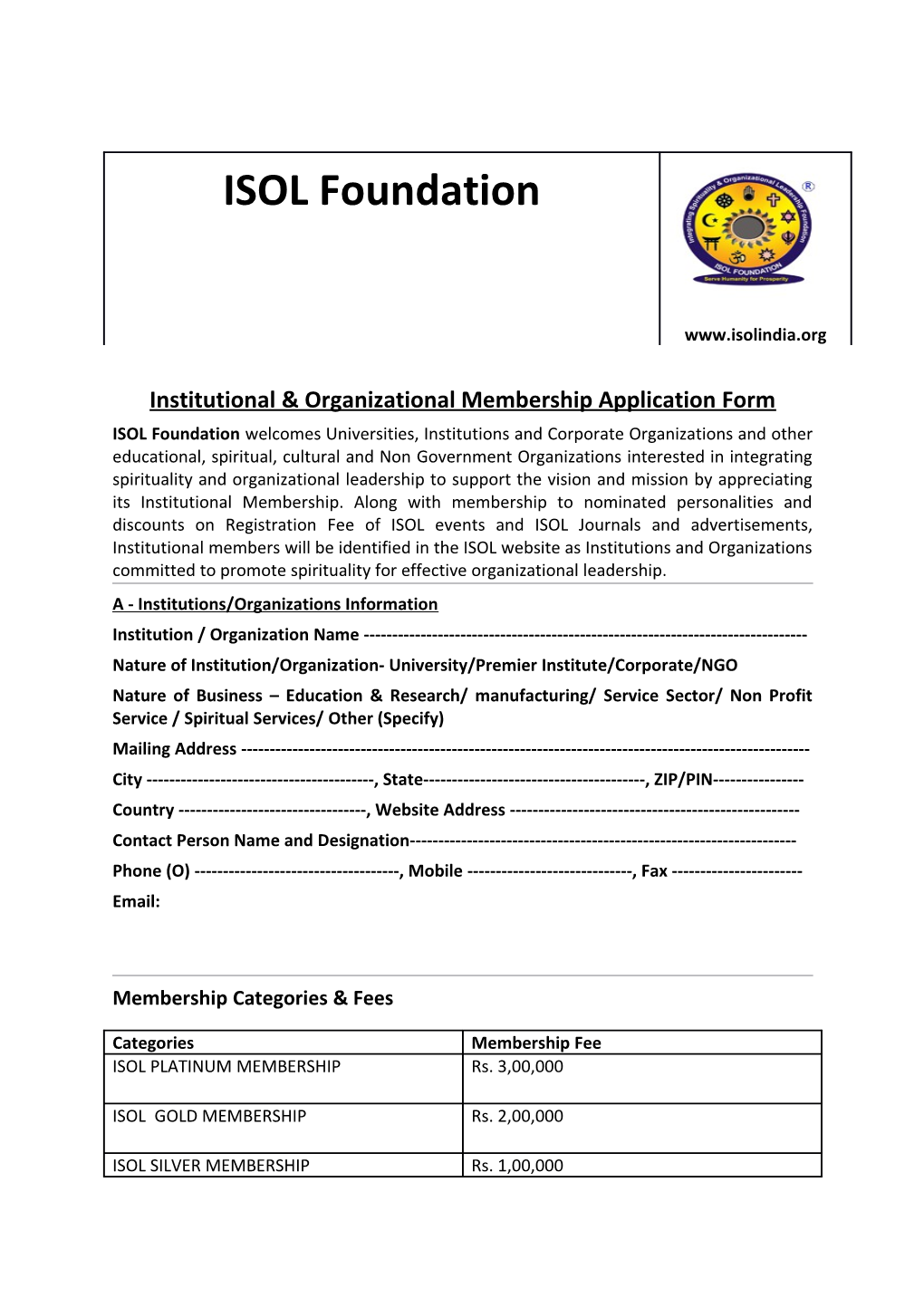 Institutional & Organizational Membership Application Form