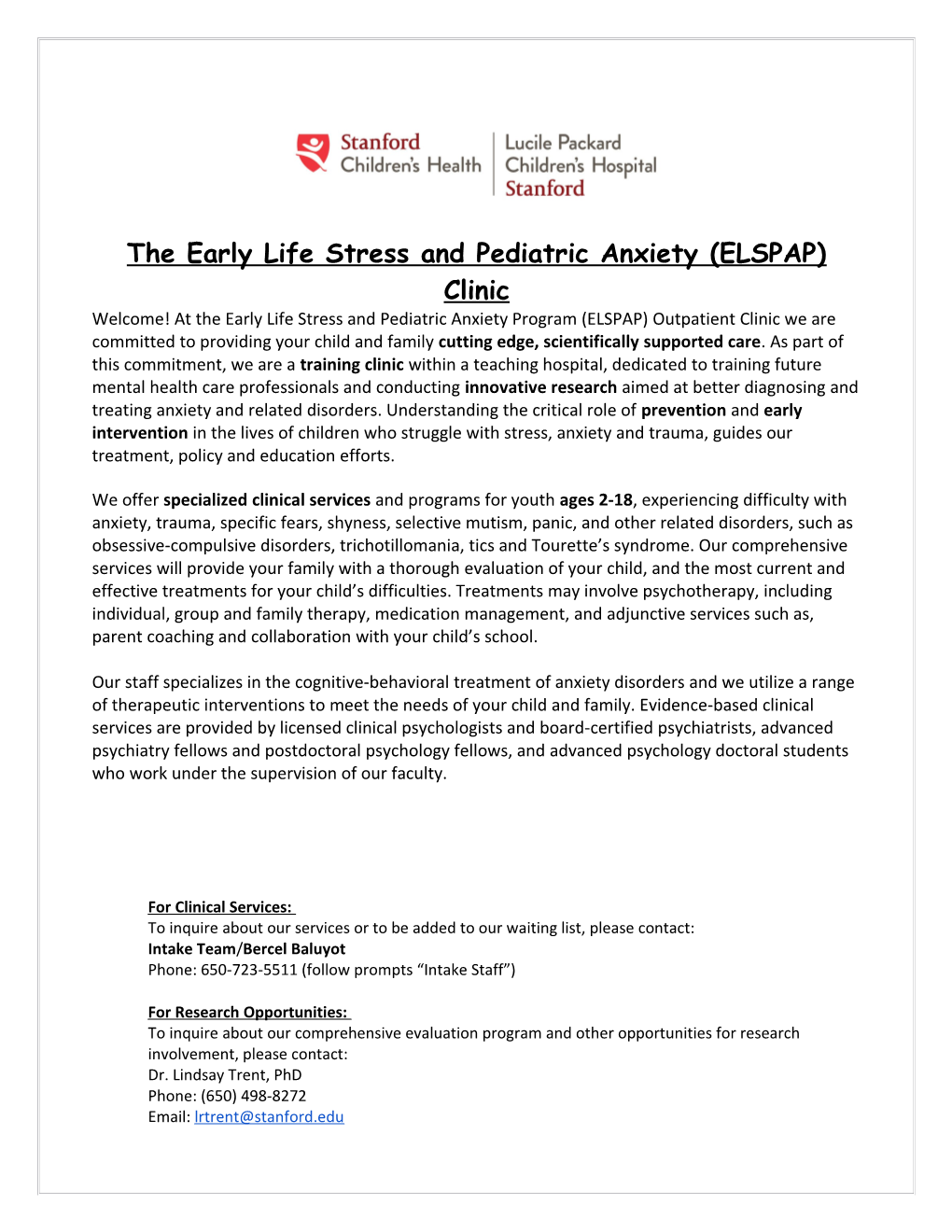 The Early Life Stress and Pediatric Anxiety (ELSPAP) Clinic