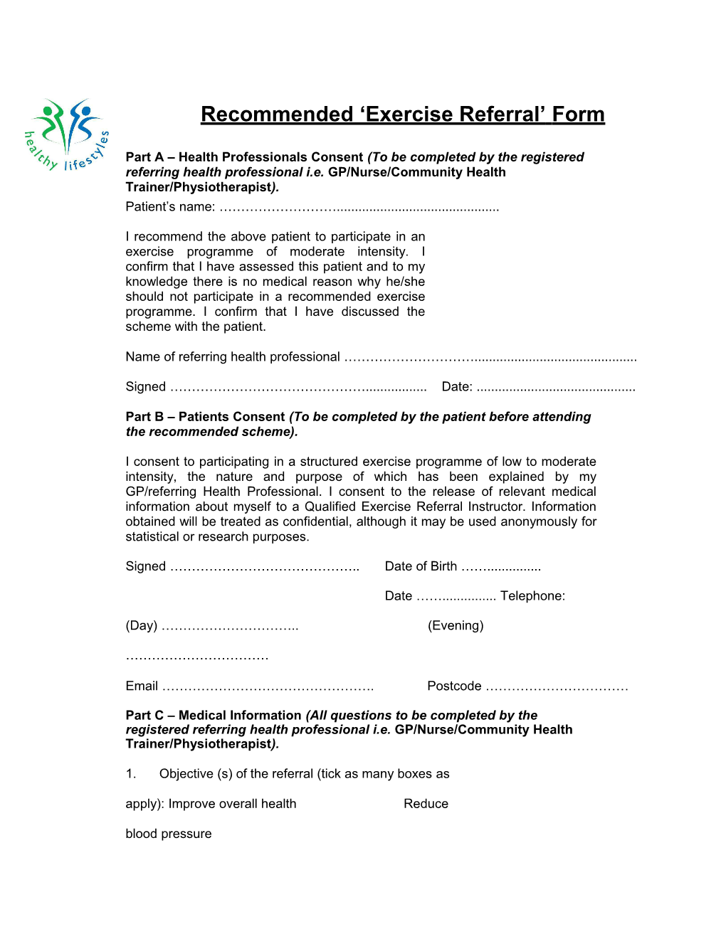 Recommended Exercise on Referral Form