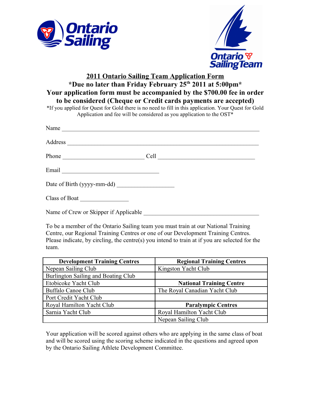 2011Ontario Sailing Team Application Form