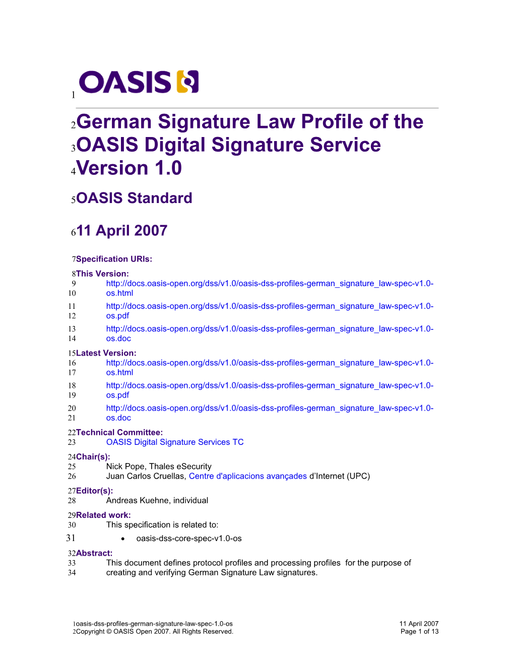 German Signature Law Profile of the OASIS Digital Signature Serviceversion 1.0