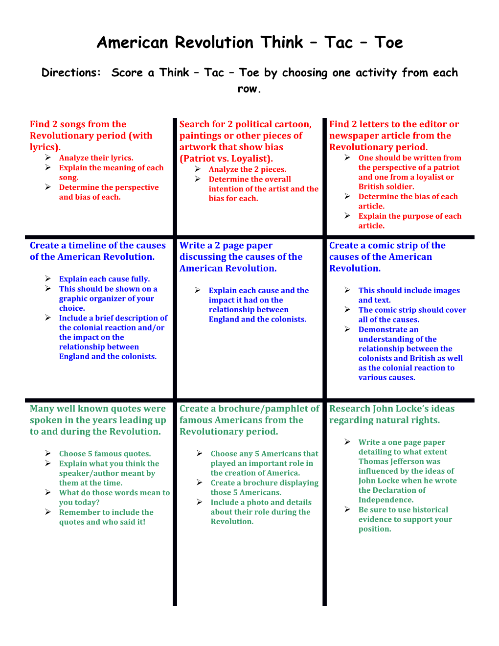 American Revolution Think Tac Toe