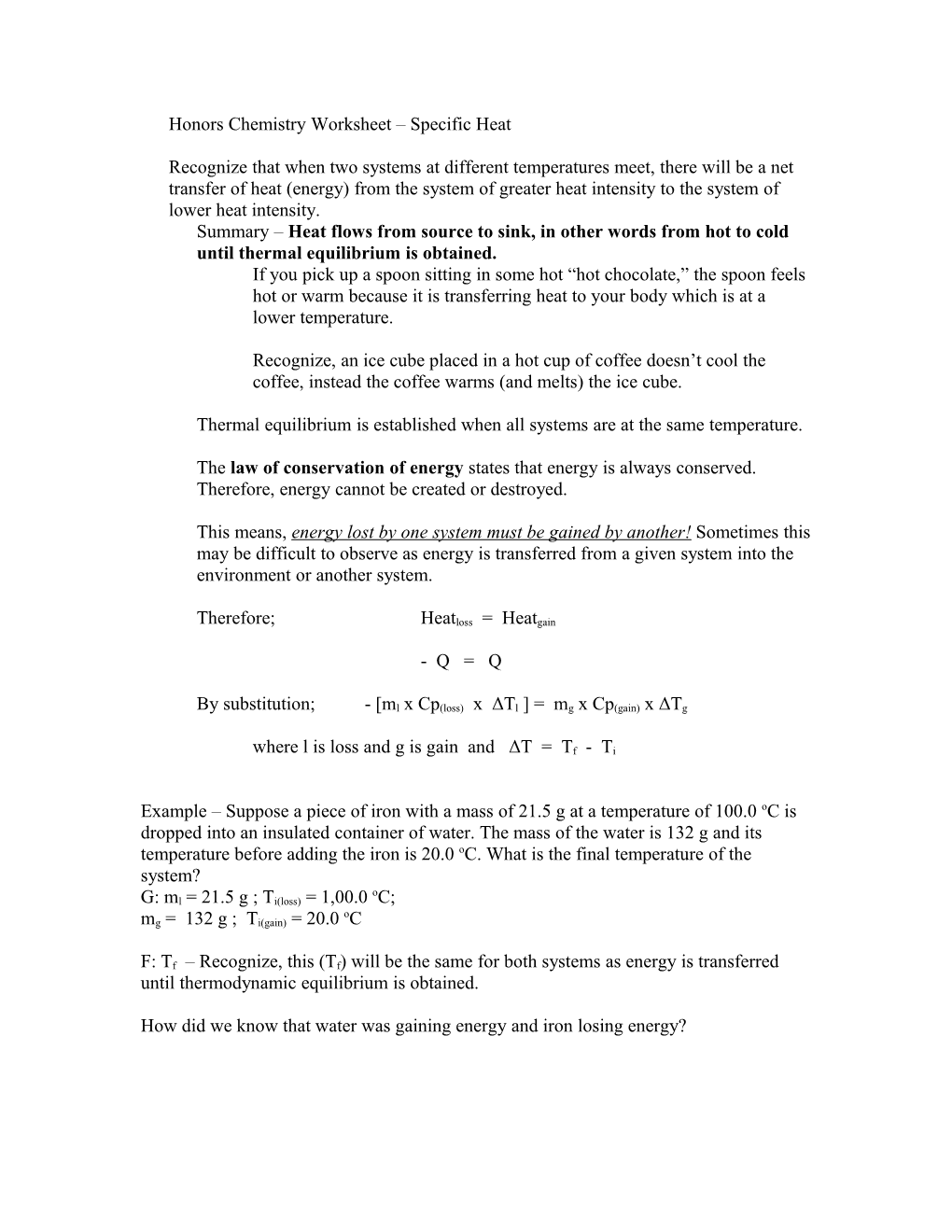 Honors Chemistry Worksheet Specific Heat