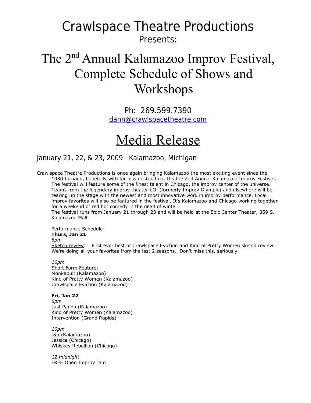 The 2Nd Annualkalamazoo Improv Festival, Complete Schedule of Shows and Workshops