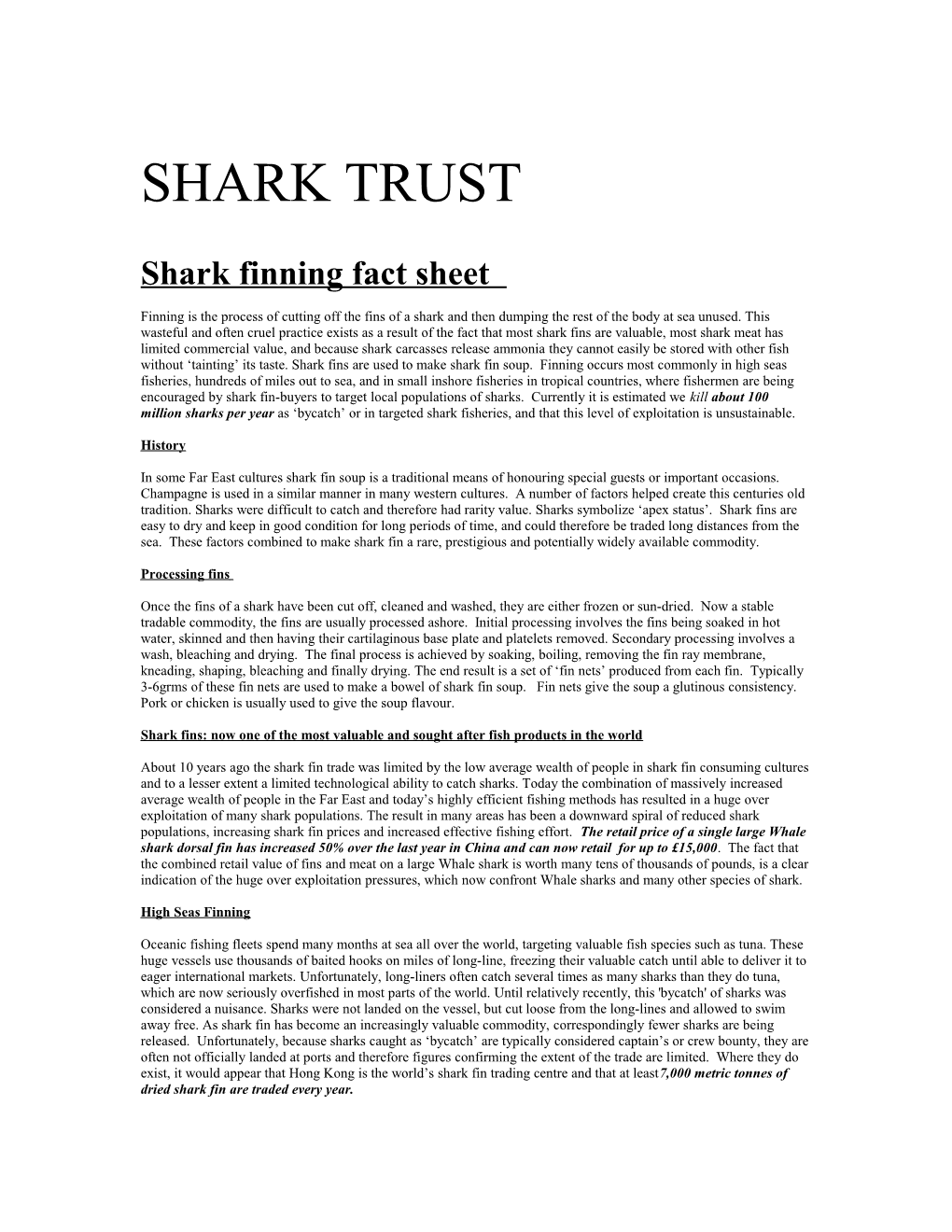 Shark Finning Fact Sheet
