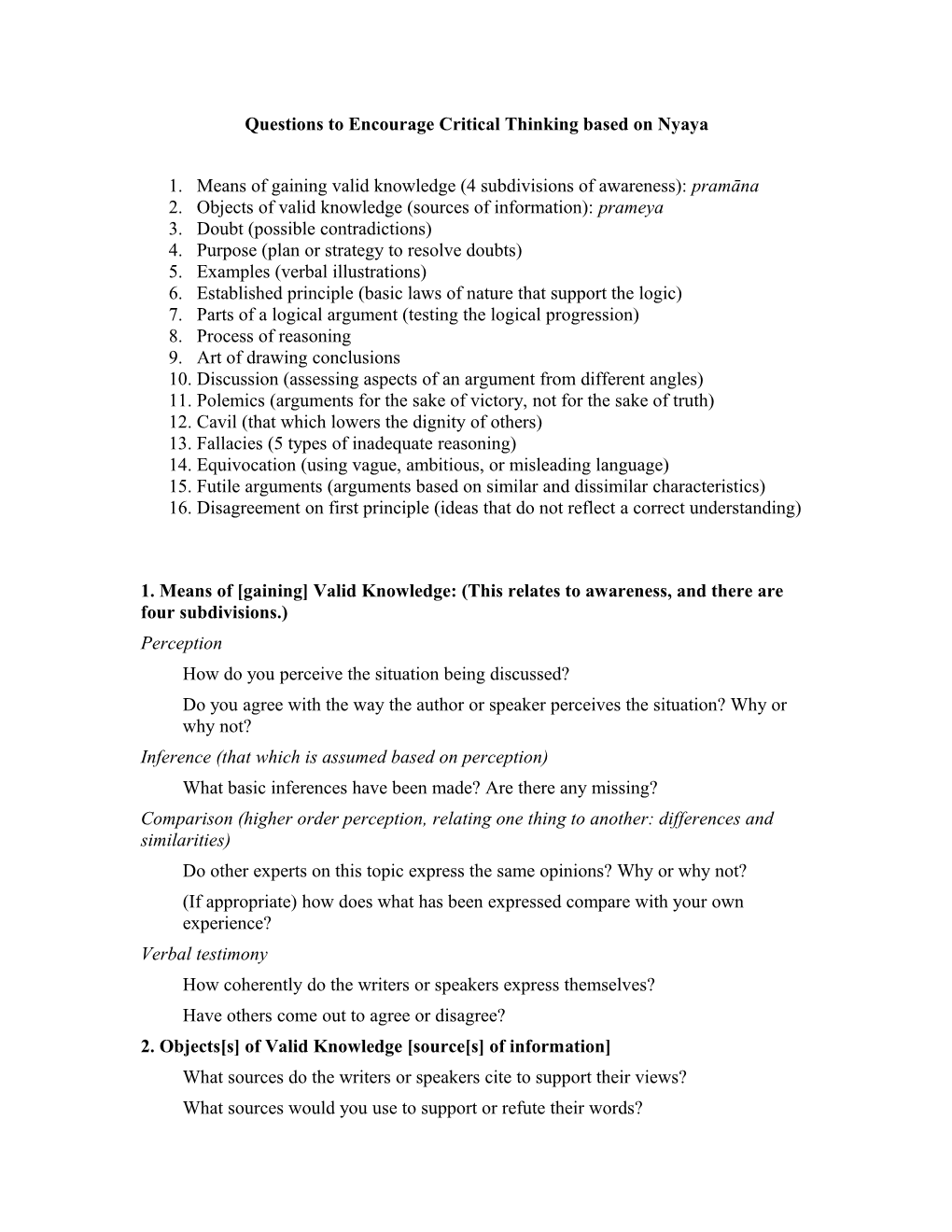 Questions to Encourage Critical Thinking Based on Nyaya