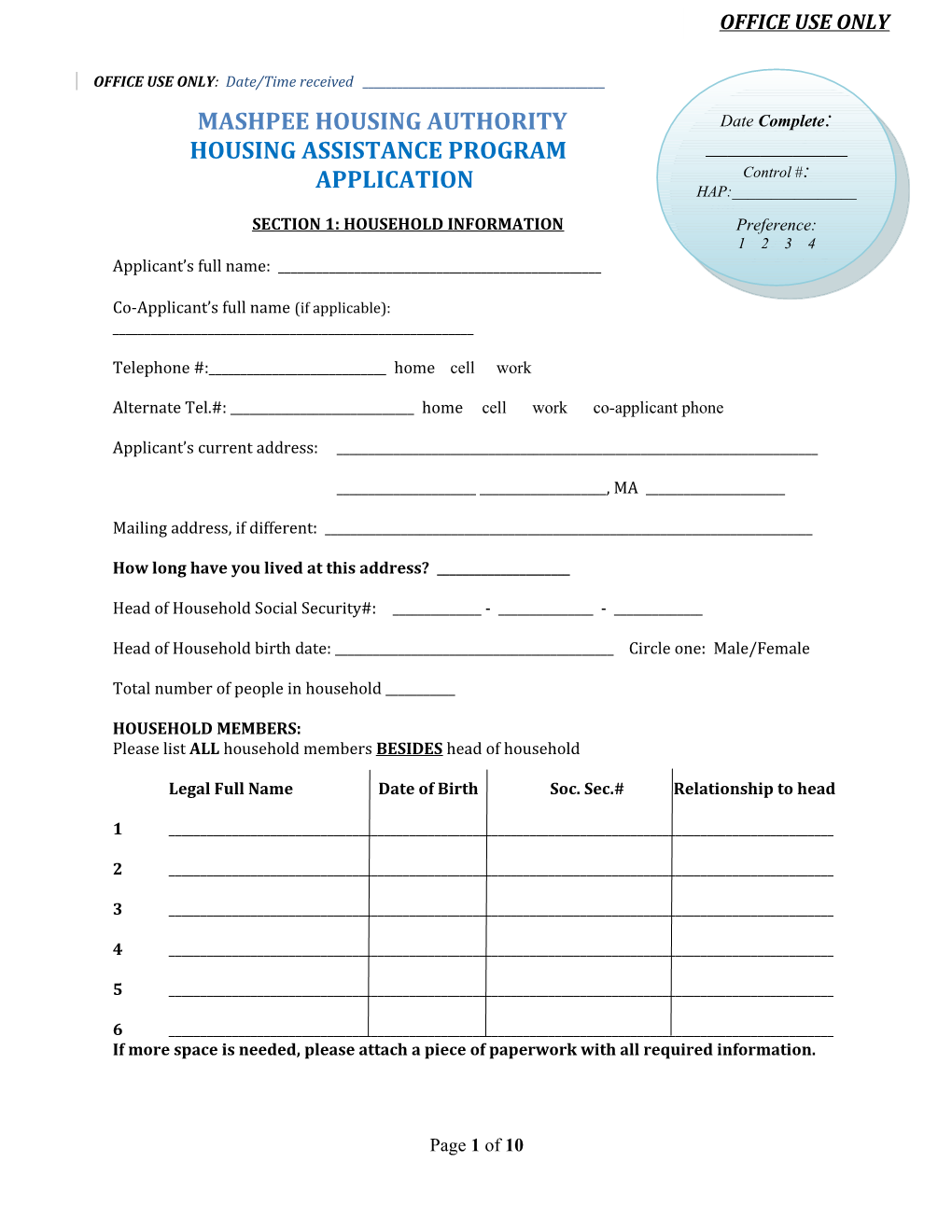 Housing Assistance Program Application