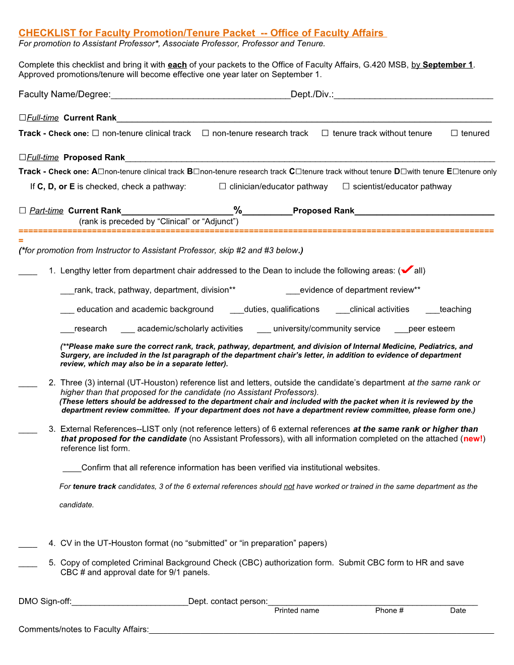 CHECKLIST for Faculty Promotion/Tenure Packet Office of Faculty Affairs