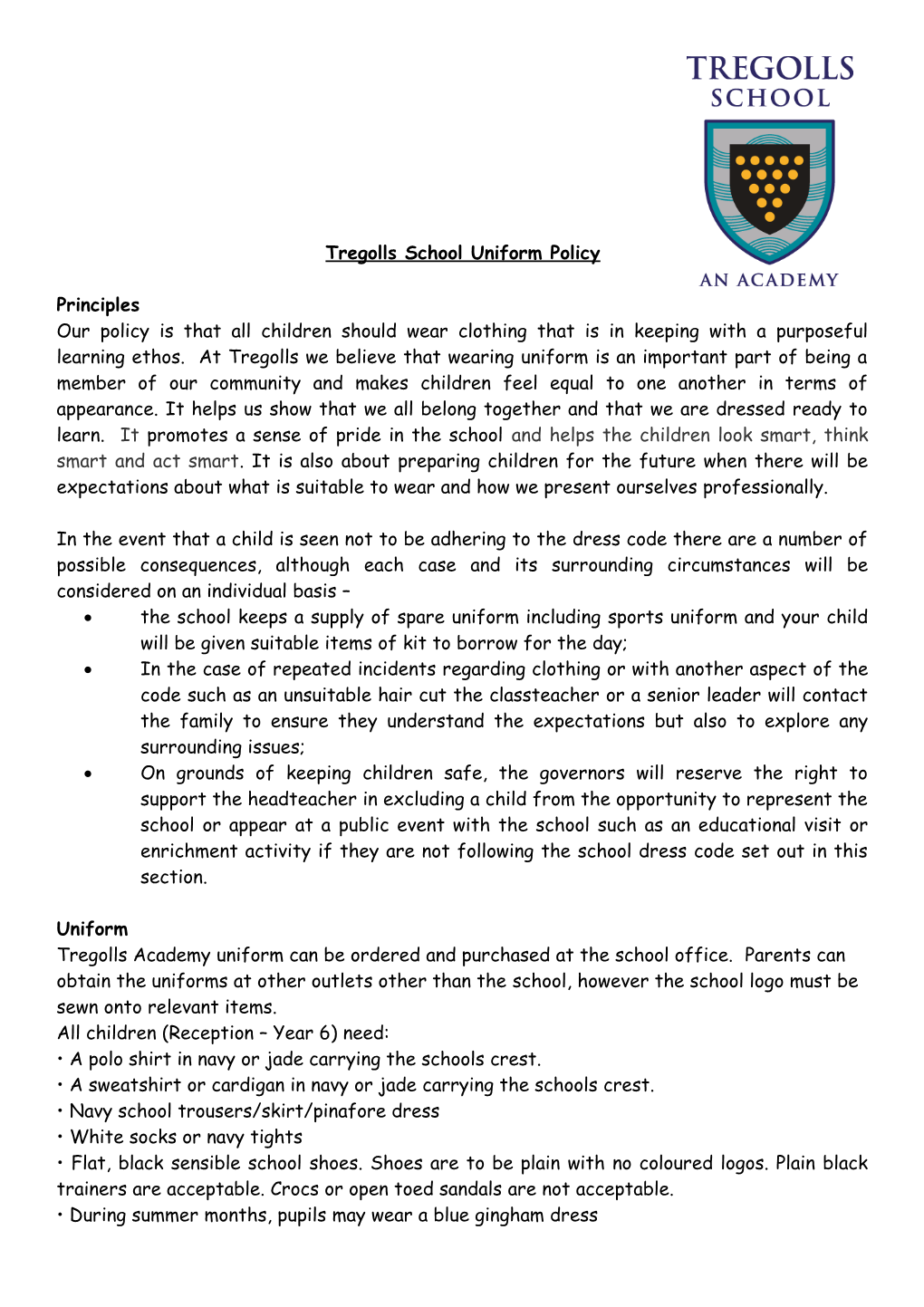 Tregolls School Uniform Policy