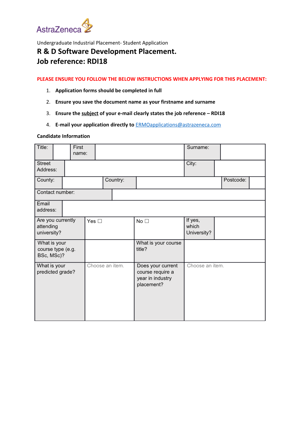 Undergraduate Industrial Placement-Student Application