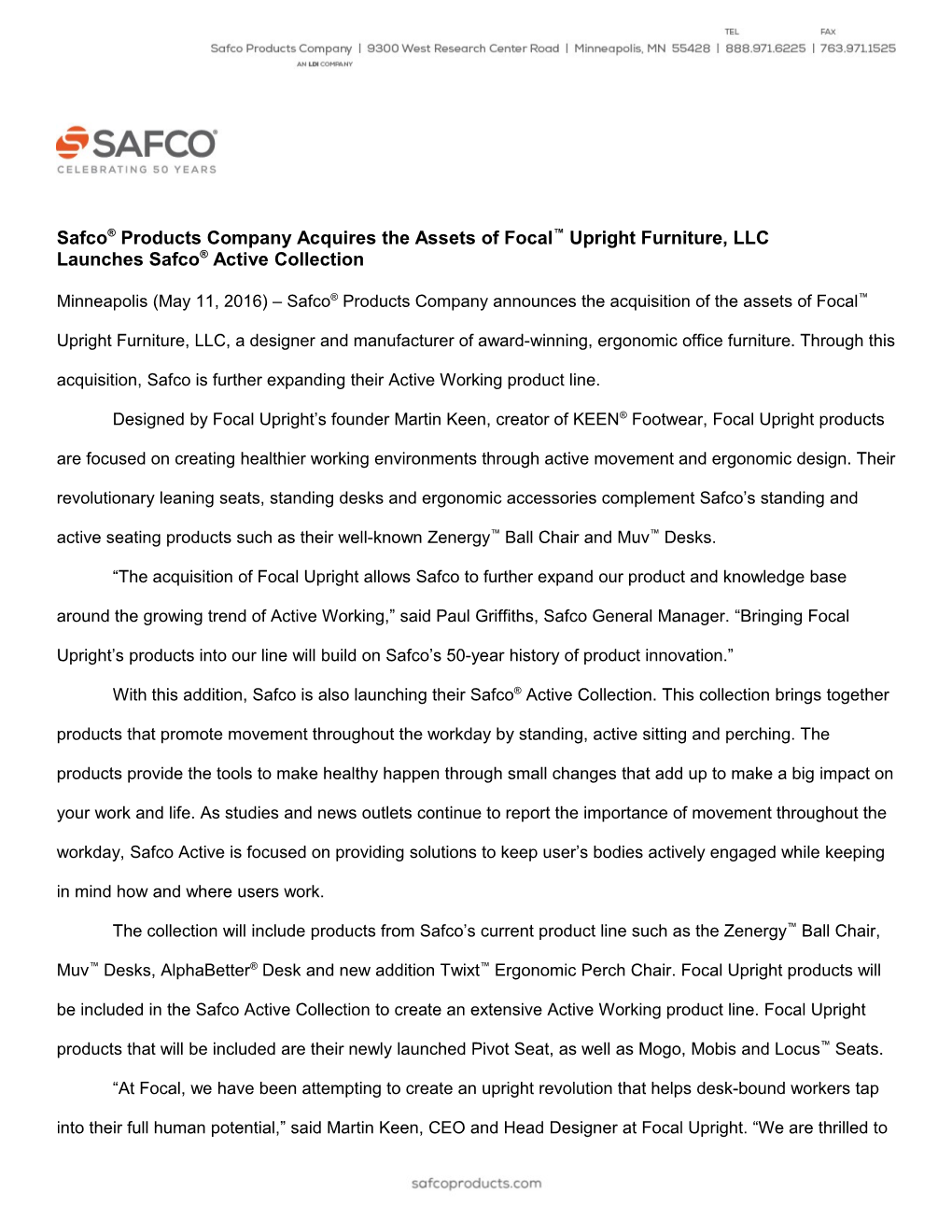 Safco Products Company Acquires the Assets of Focal Upright Furniture, LLC