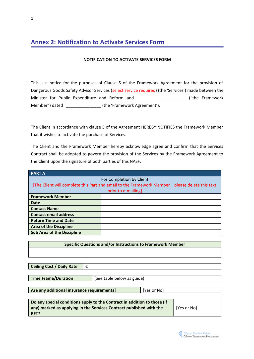 Annex 2: Notification to Activate Services Form