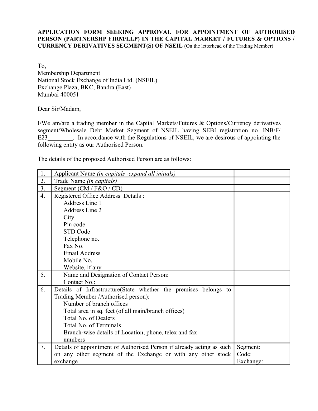 Application Form for Appointment of Authorised Person in the Capital Market / Futures &