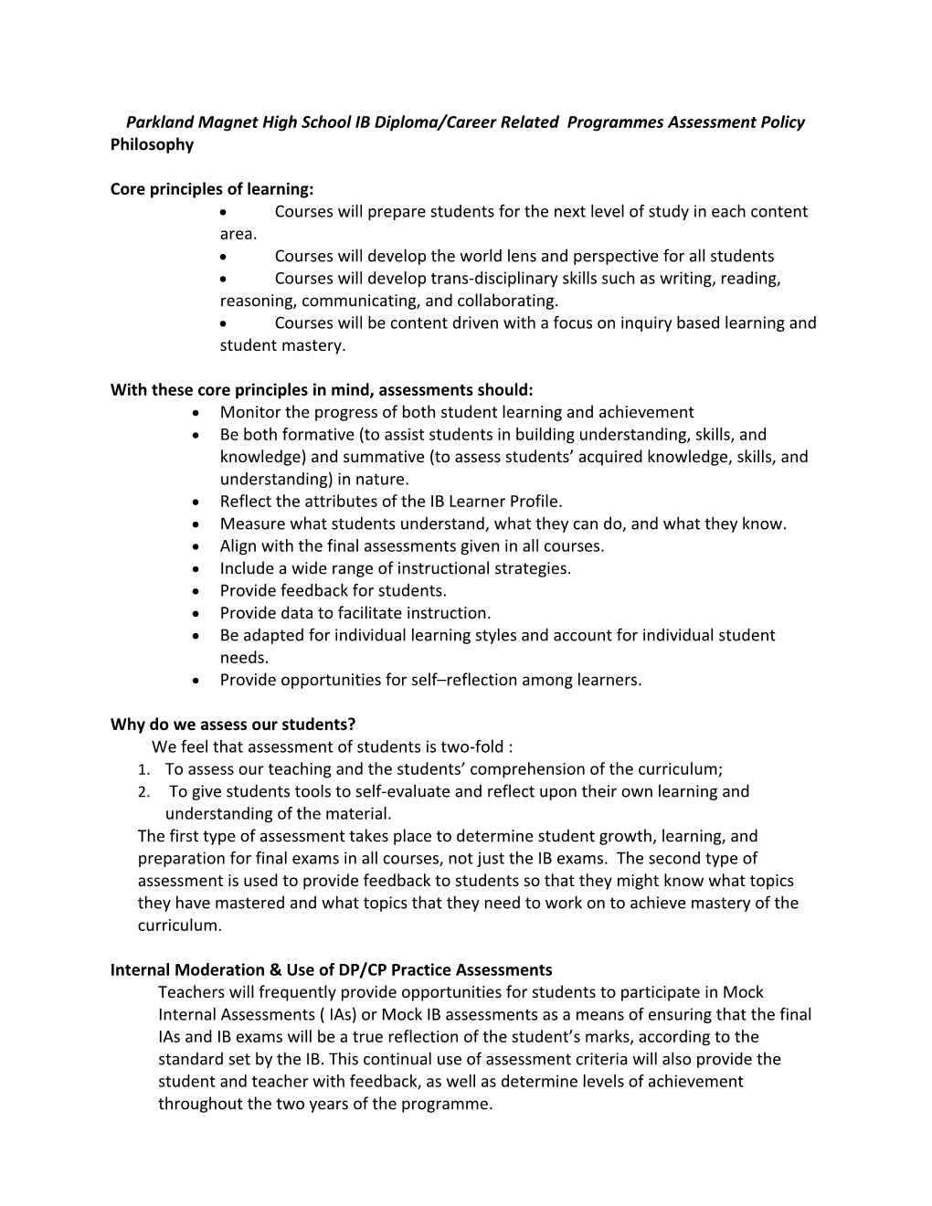 Parkland Magnet High School IB Diploma Programme Assessment Policy