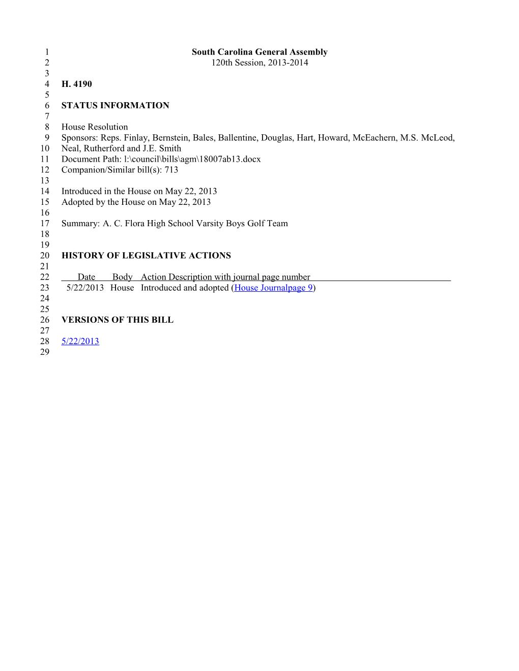 2013-2014 Bill 4190: A. C. Flora High School Varsity Boys Golf Team - South Carolina Legislature