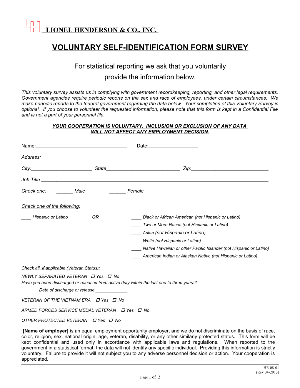 Voluntary Self-Identification Form Survey