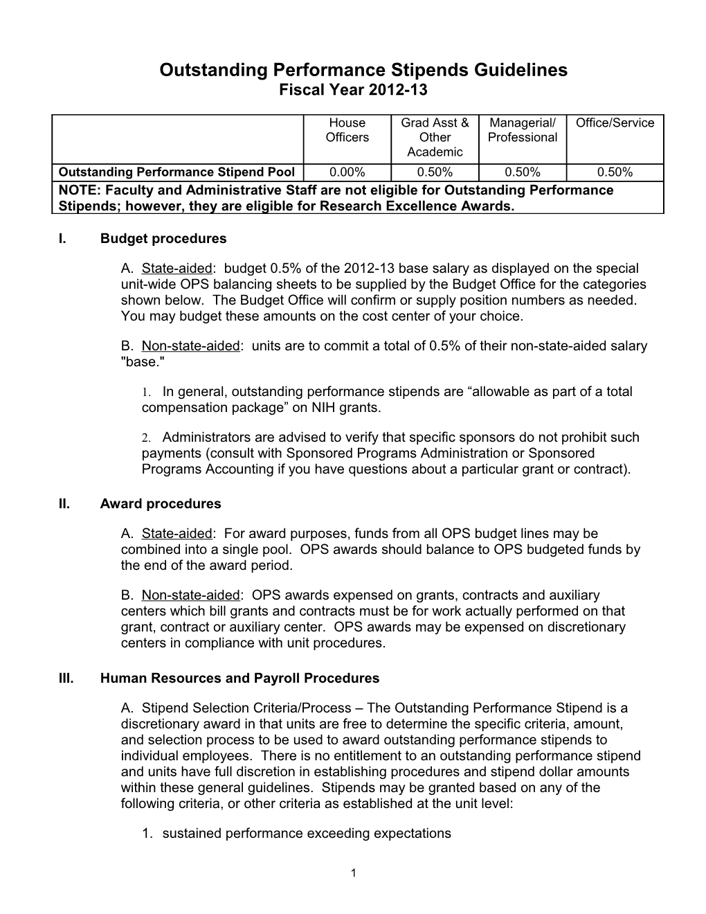 Outstanding Performance Stipends Guidelines