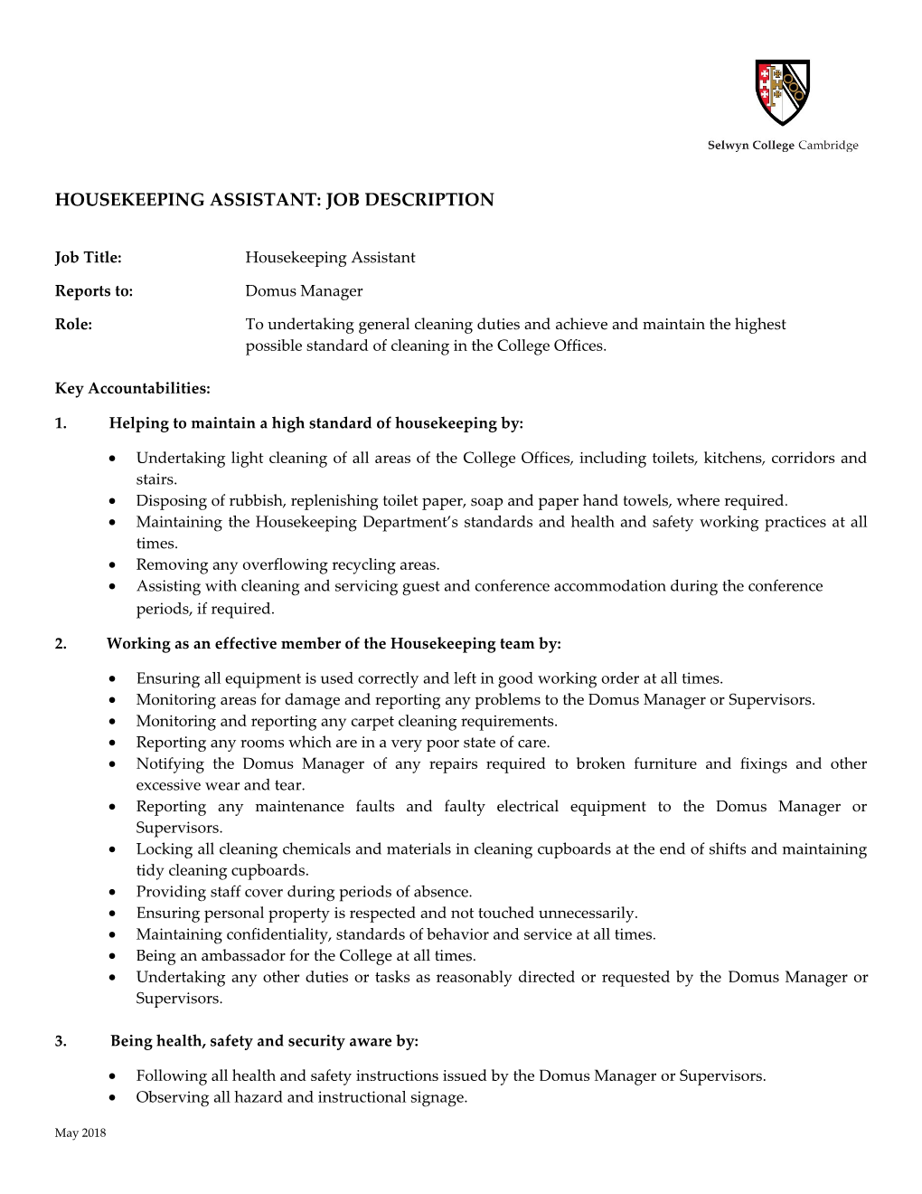 HOUSEKEEPING ASSISTANT: Job Description