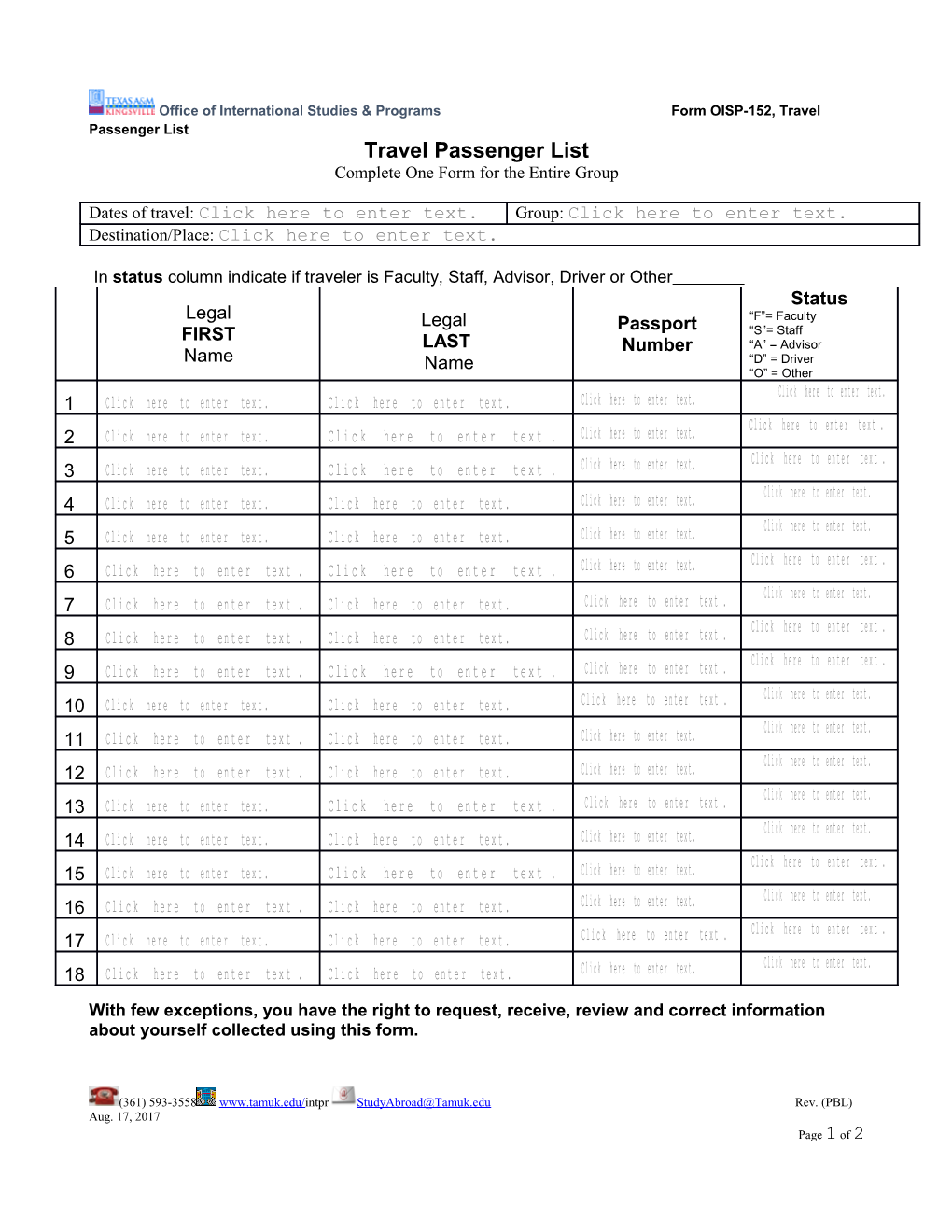 Travel Passenger List