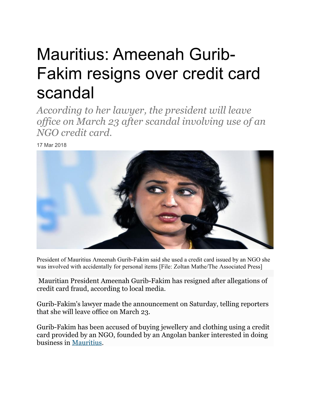 Mauritius: Ameenahgurib-Fakim Resigns Over Credit Card Scandal