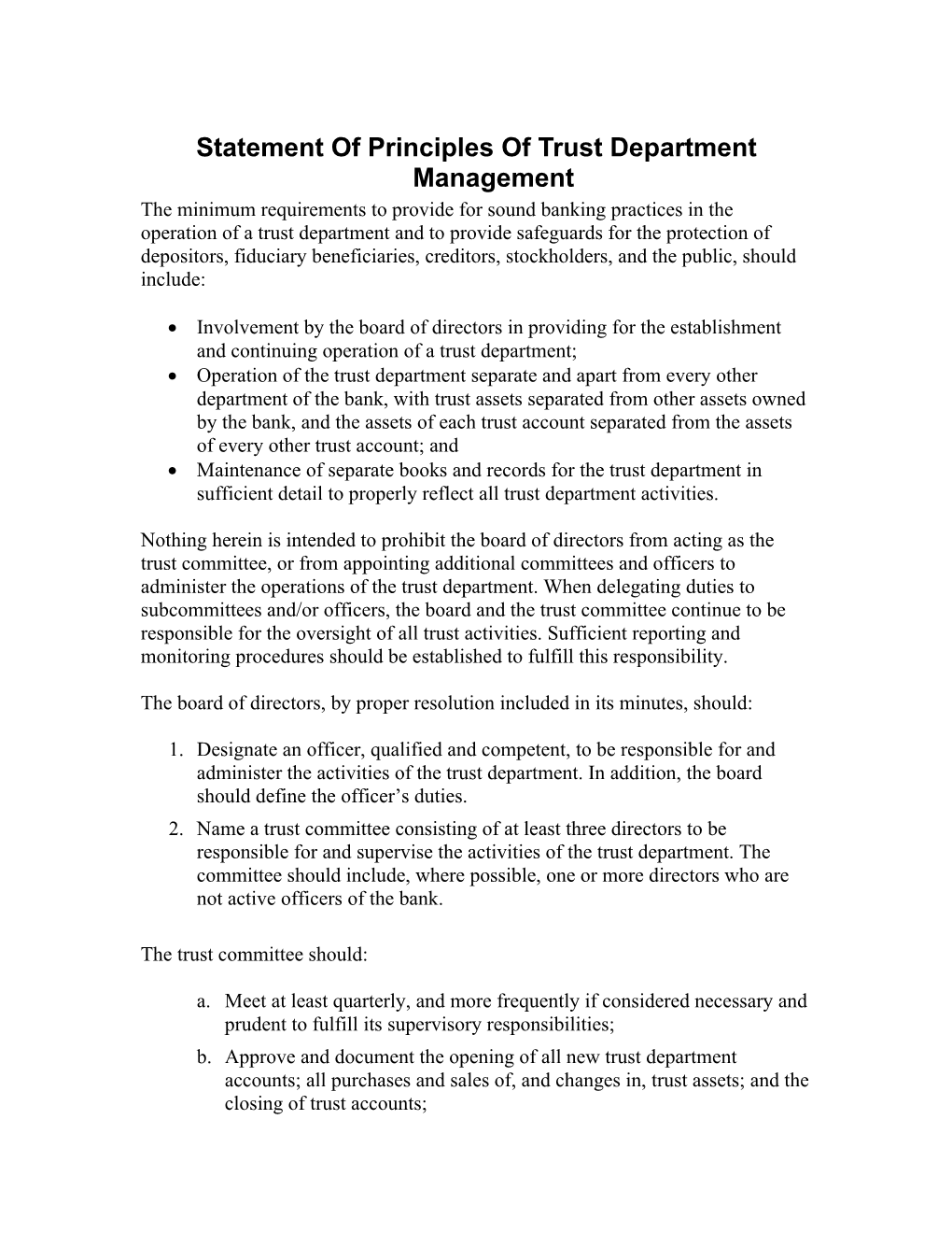 Statement of Principles of Trust Department Management