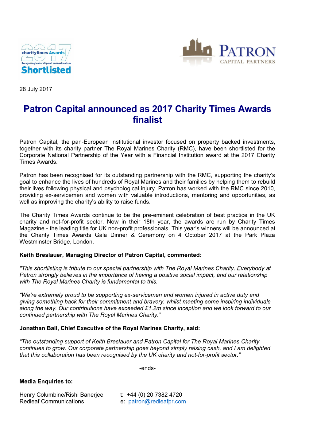 Patron Capital Announced As 2017 Charity Times Awards Finalist
