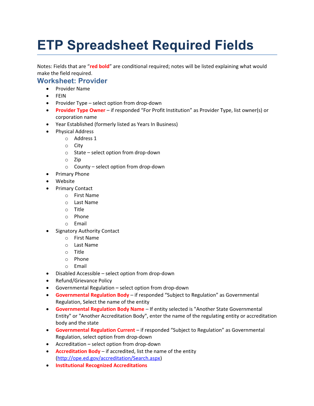ETP Spreadsheet Required Fields