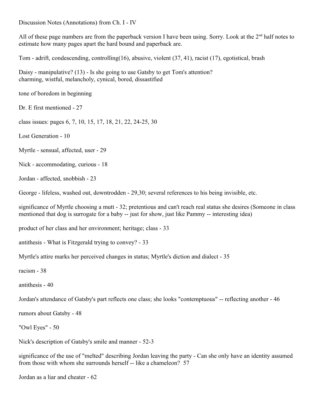 Discussion Notes (Annotations) from Ch. I - IV