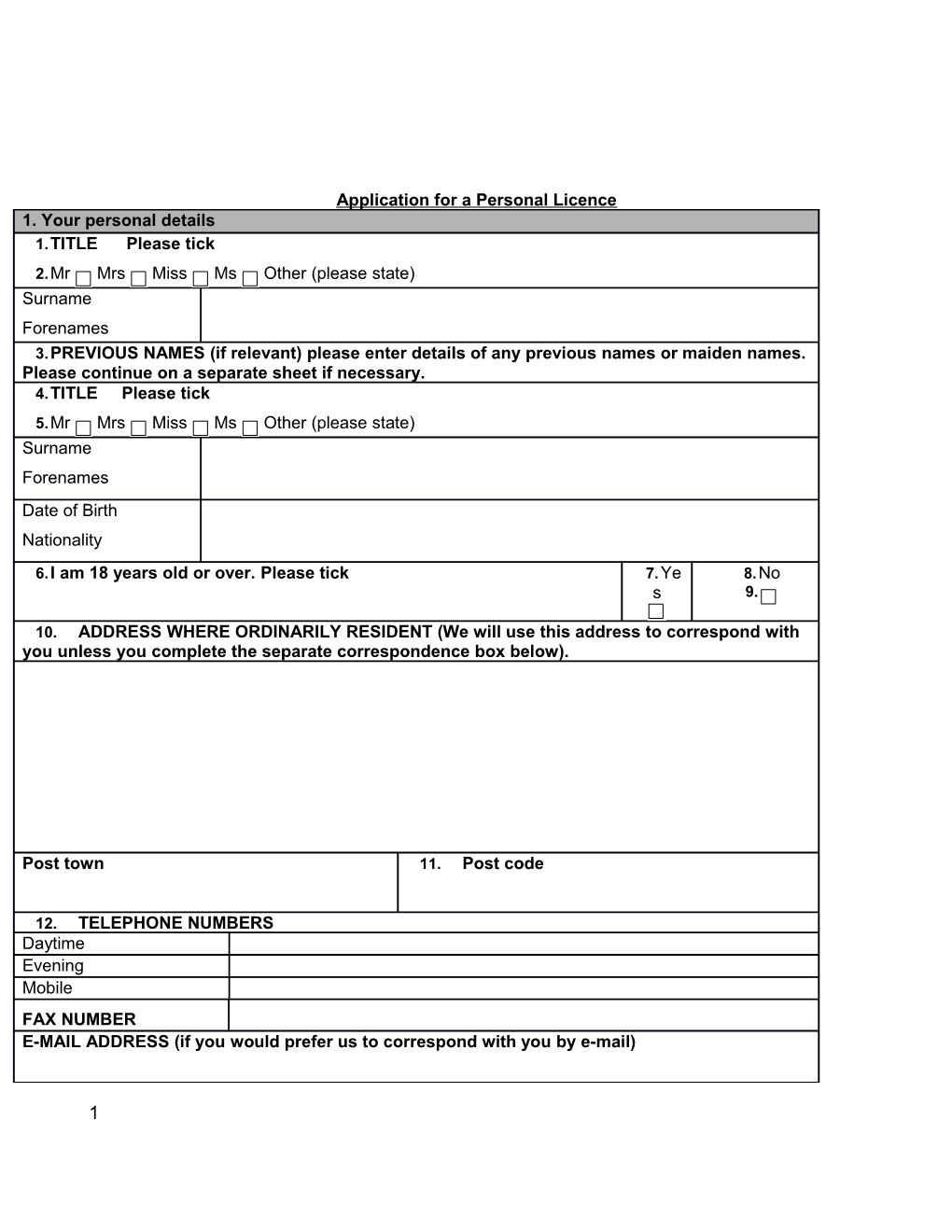 Personal Licence Application Form