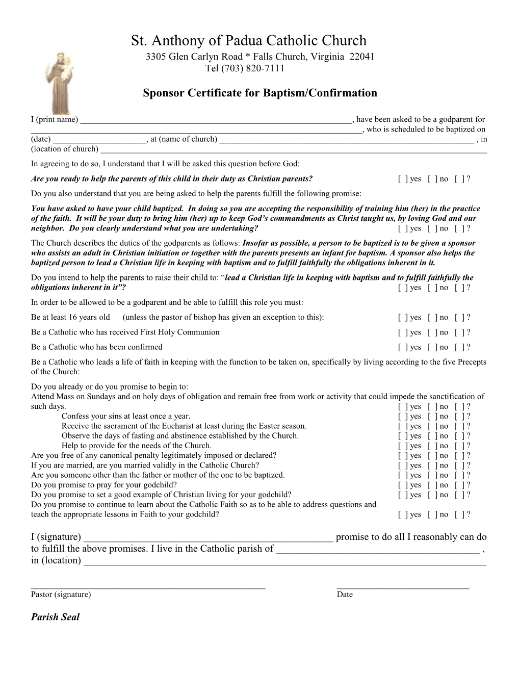 Sponsor Certificate for Baptism/Confirmation
