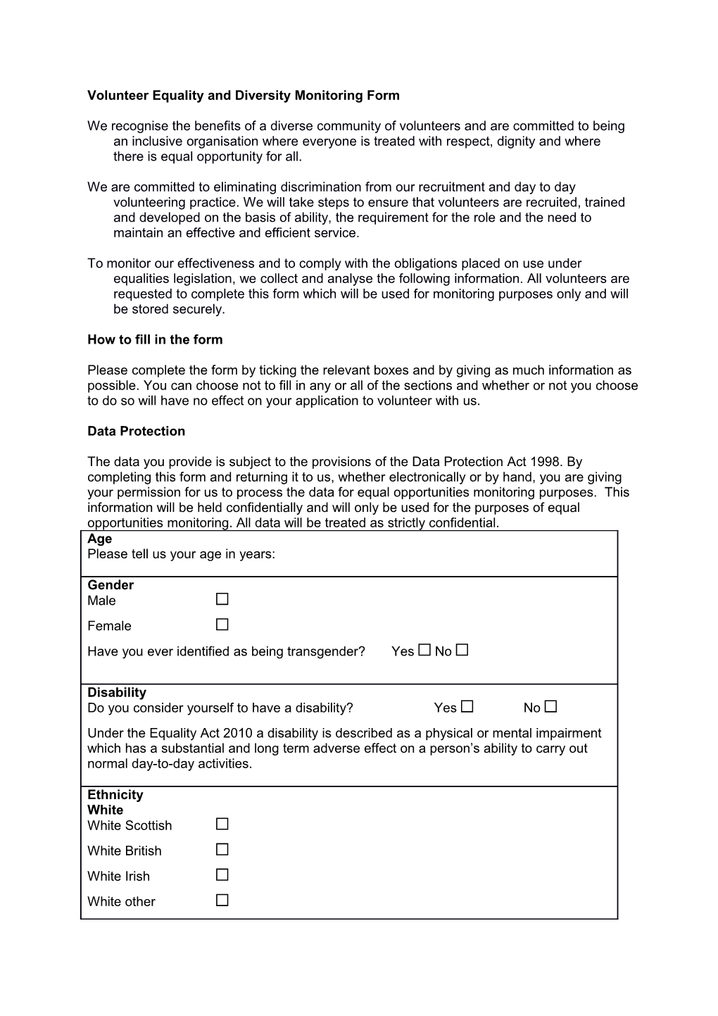 Volunteer Equality and Diversity Monitoring Form