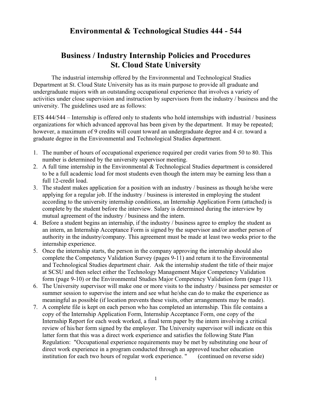 Business / Industry Internship Policies and Procedures