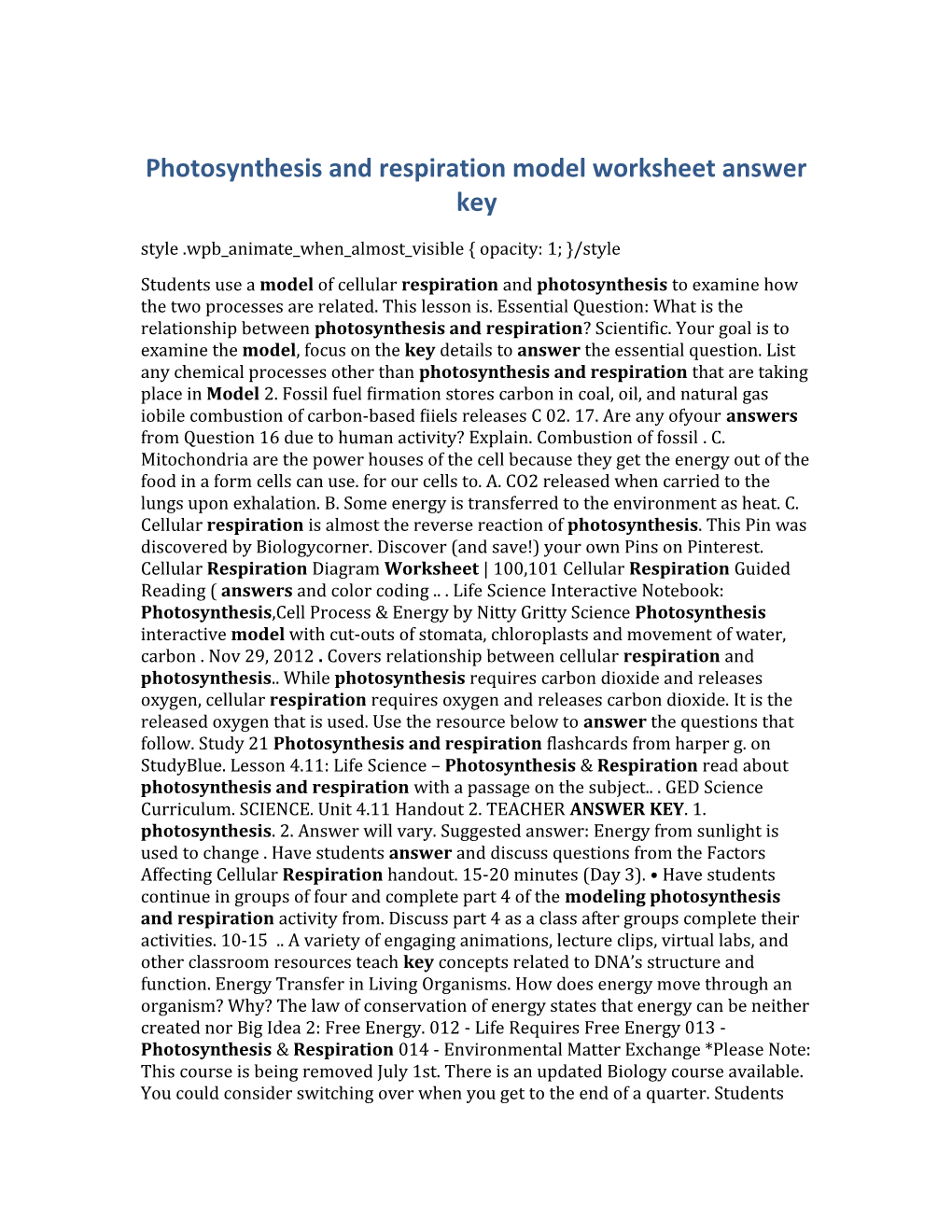 Photosynthesis and Respiration Model Worksheet Answer Key